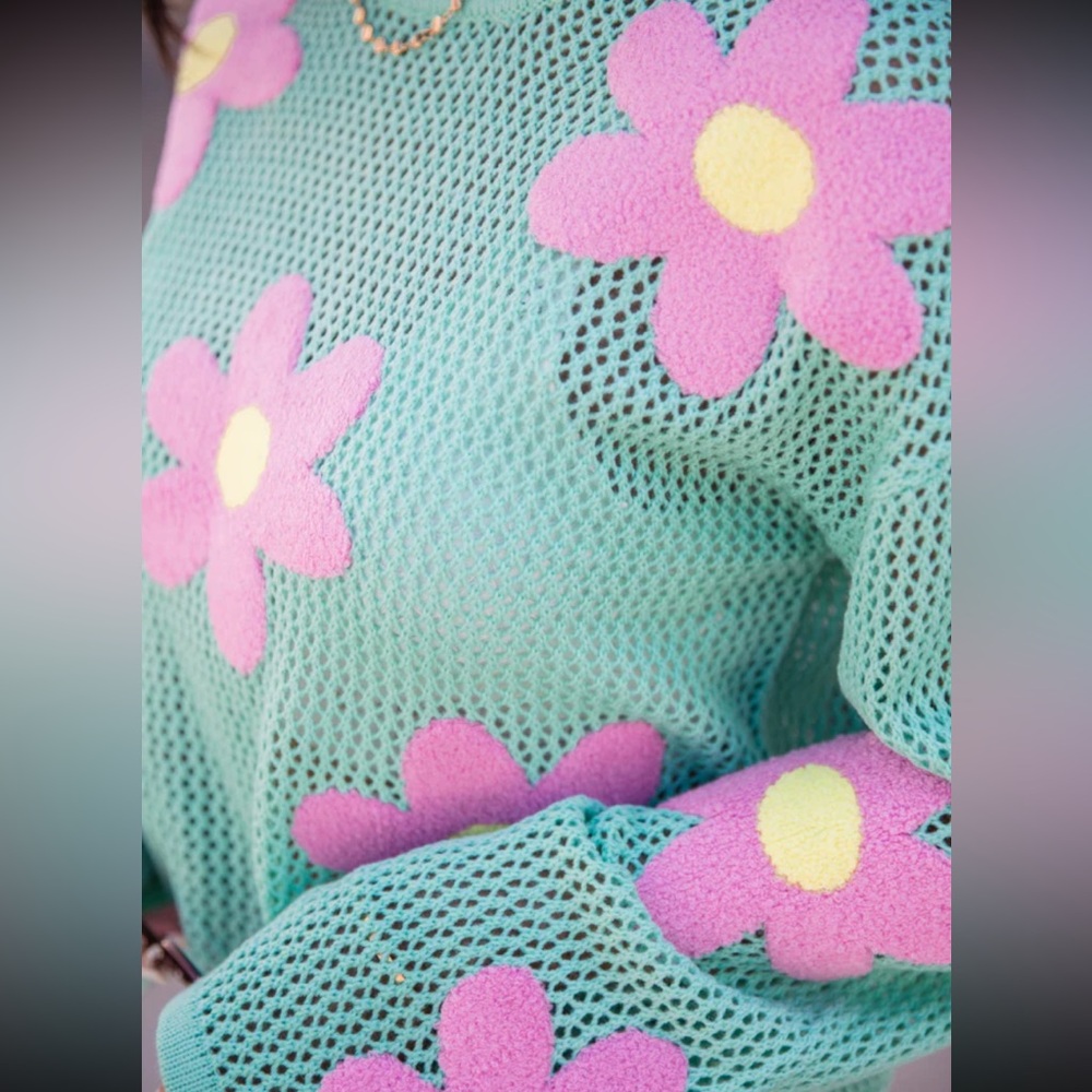 Floral Mesh Sweater in Teal and Pink - Picture 3 of 5